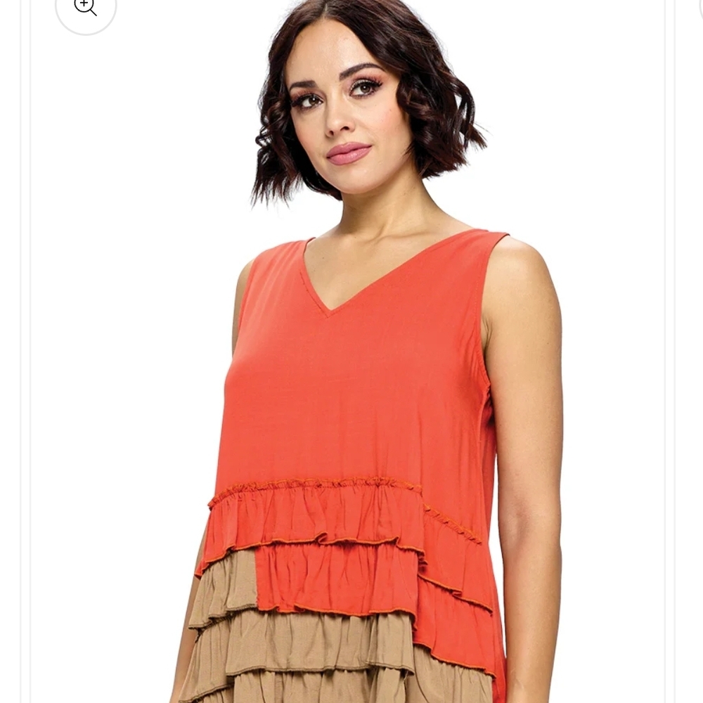 Yxxx NWT Yak & YETI Tiered Ruffled Colorblock Tank Top Sm Md Lg Coral Tan V-Neck - Picture 3 of 9